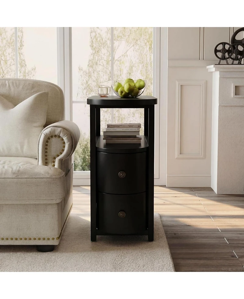 Tribesigns Solid Wood End Table with 2 Drawers and Open Shelf, No Assembly Required Side Table, Vintage Brown Slim Bedside Nightstand