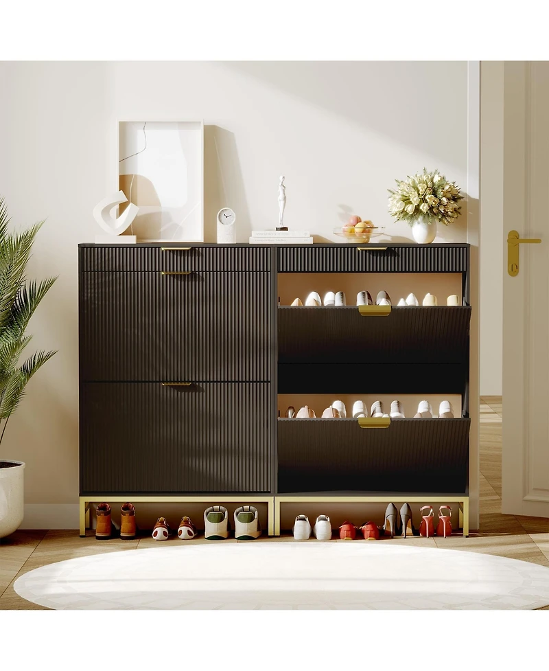 homfan Narrow Shoe Cabinet Storage for Entryway, Modern Fluted Rack Organizer with 2 Flip Drawers and An Open Shelf Hallway, Living Room