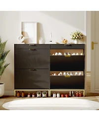 homfan Narrow Shoe Cabinet Storage for Entryway, Modern Fluted Rack Organizer with 2 Flip Drawers and An Open Shelf Hallway, Living Room