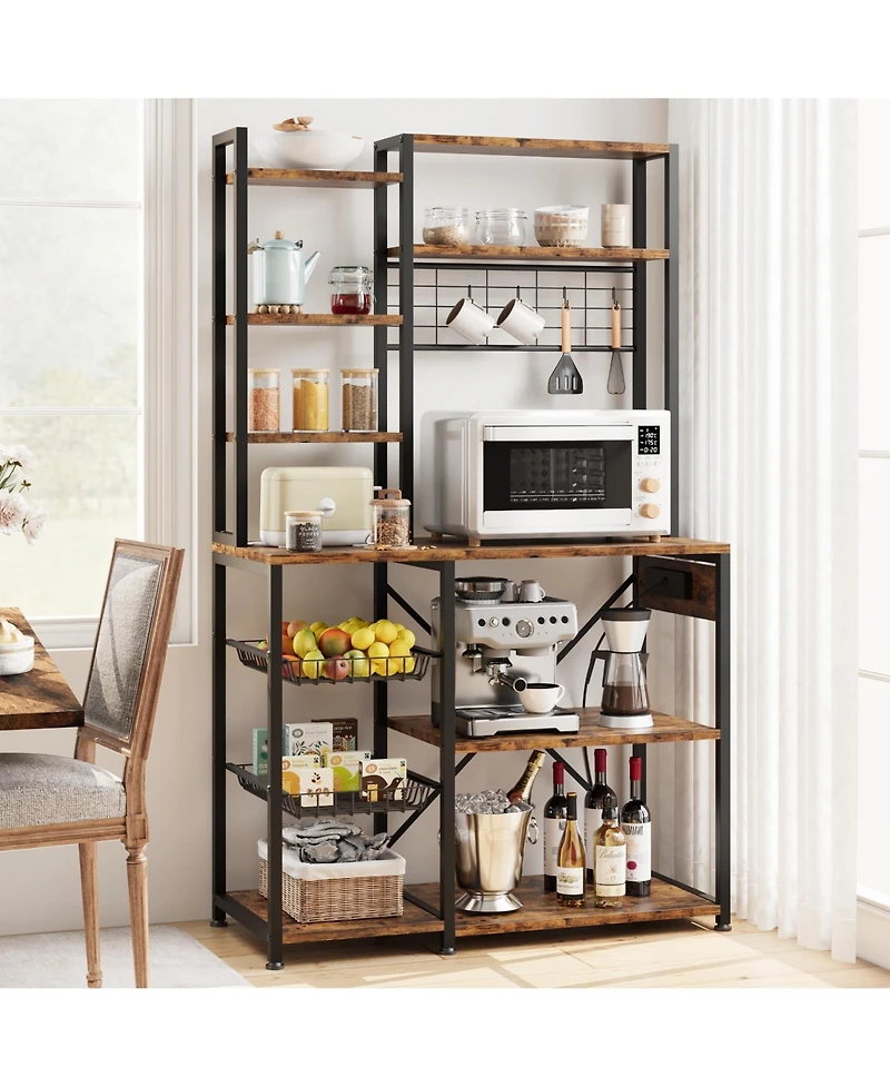 Gaomon 70.1 Inch 7-Tier Industrial Baker's Rack with Power Outlet, Microwave Coffee Bar Station Wire Baskets for Kitchen and Living Room