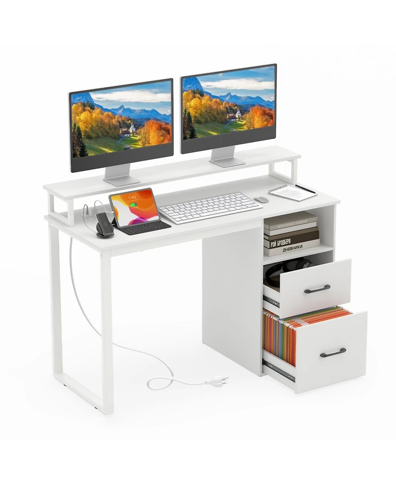 Slickblue Modern Computer Desk with Power Outlets and File Drawer