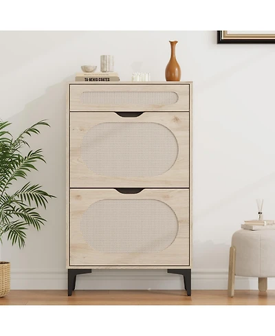 Homfan Slim Rattan Cabinet 2 Turn Over Drawers and 1 Pull-Out Drawer, Adjustable Shelves, Metal Legs, Entryway Storage for Small Spaces