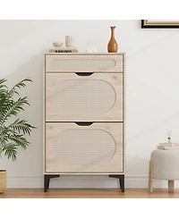 Homfan Slim Rattan Cabinet 2 Turn Over Drawers and 1 Pull-Out Drawer, Adjustable Shelves, Metal Legs, Entryway Storage for Small Spaces