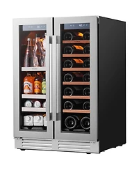 Ca'Lefort 24-inch Wine and Beverage Refrigerator, 60 Can and 20 Bottle , Dual Zone French Doors, Stainless Steel, for Home Kitchen