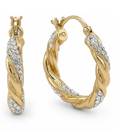 Clear Crystal Twisted Click Top Hoop Earring in Silver Plate or Gold Plate
