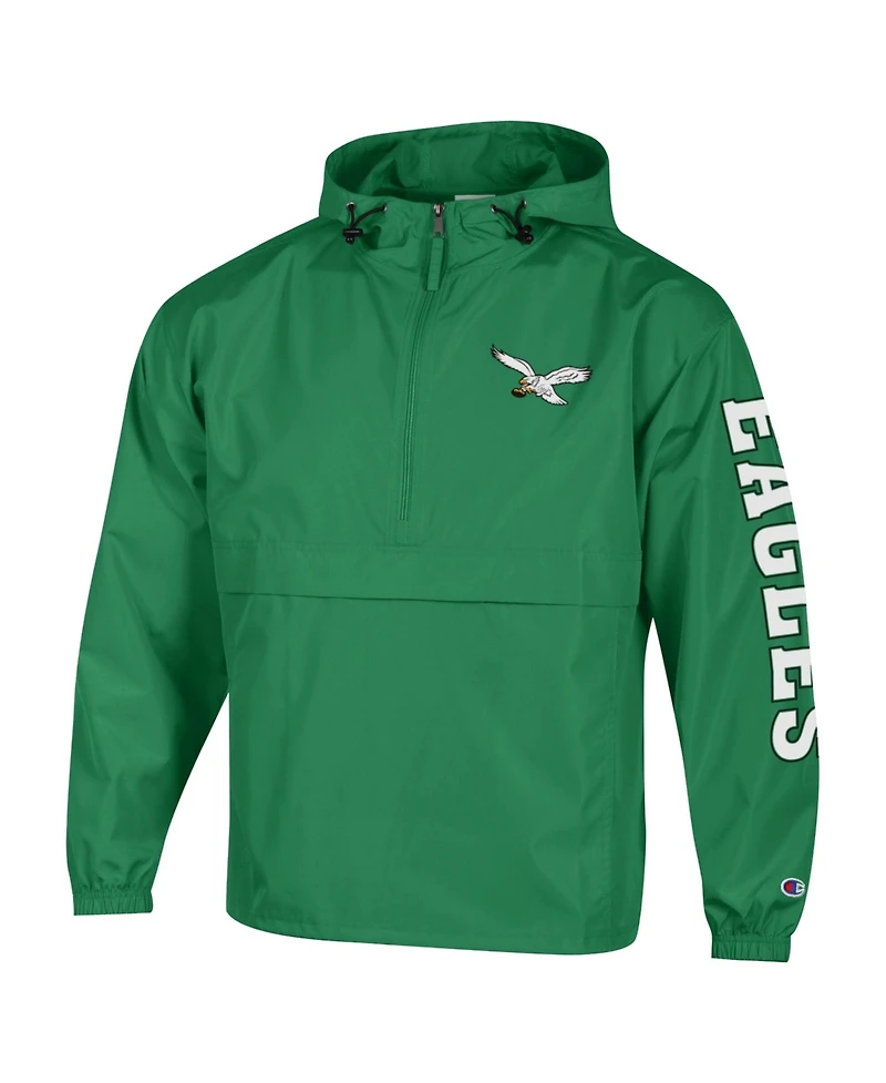 Champion Men's Kelly Green Philadelphia Eagles Packable Hooded Windbreaker Half-Zip Jacket