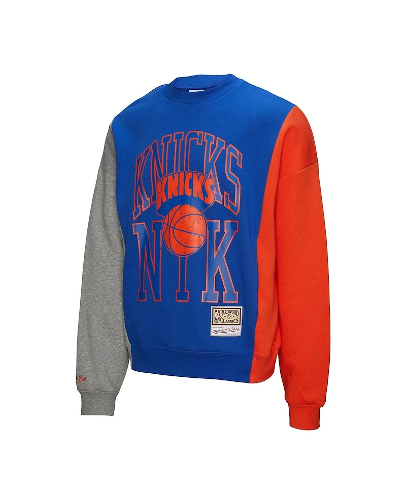 Mitchell & Ness Men's and Women's Blue New York Knicks Hardwood Classics Split 3 Pullover Sweatshirt