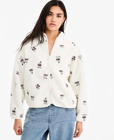 Planet Gold Juniors' Floral Embroidered Zip-Front Fleece Jacket