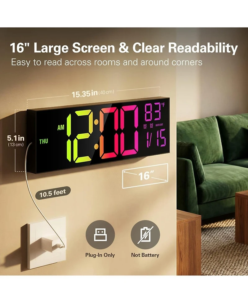 Jall 16 Inch Large Digital Wall Clock (Red) with Big Led Auto Dst Temperature Countdown Timer Alarm Night Light Perfect for Living Room and Office