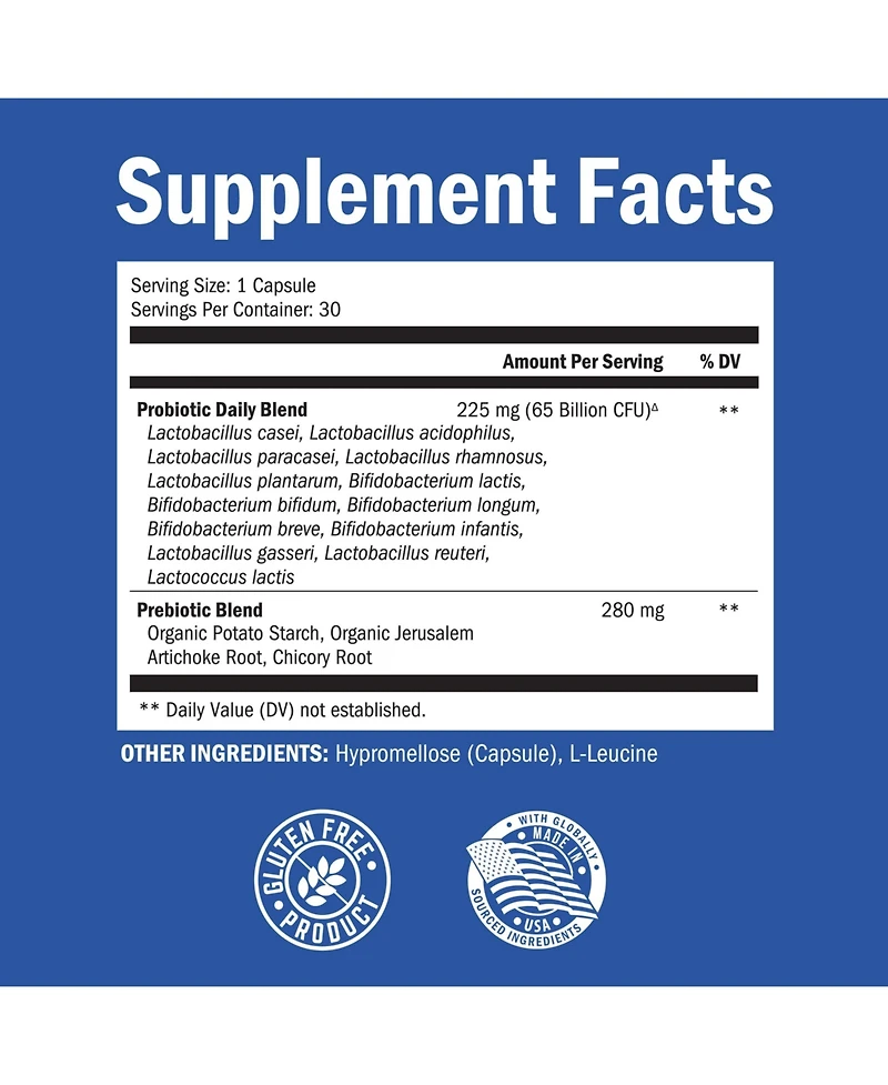 Probiotic 65 Billion - Probiotics with Prebiotic for Women & Men - Lactobacillus Acidophilus Digestive Health Capsules - Targeted Release Technology