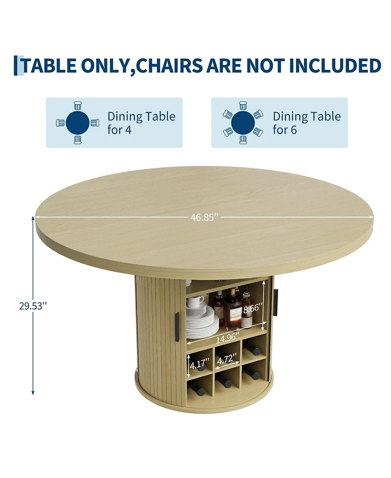 homfan 47-Inch Round Dining Table for 4-6 with Hidden Storage and Wine Rack - Modern Wood Kitchen Table