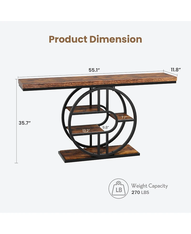 homfan 55 In Entryway Console Table with Storage Shelves, Narrow Industrial Sofa Table with O-Shaped Metal Frame