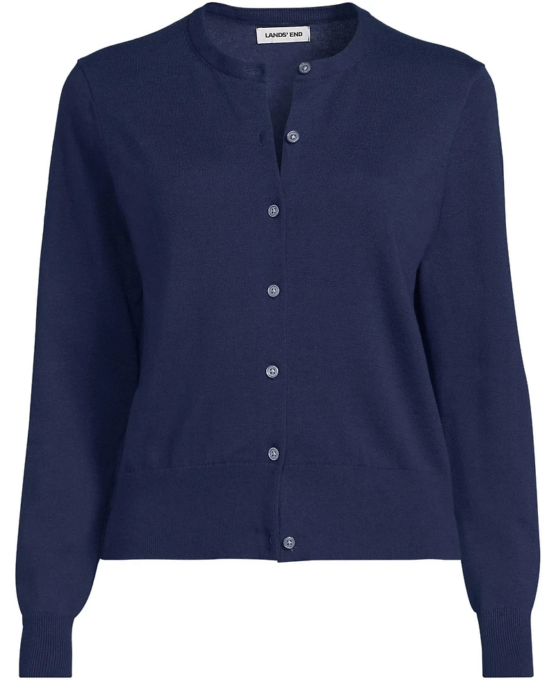 Lands' End Women's Fine Gauge Cotton Crew Cardigan Sweater