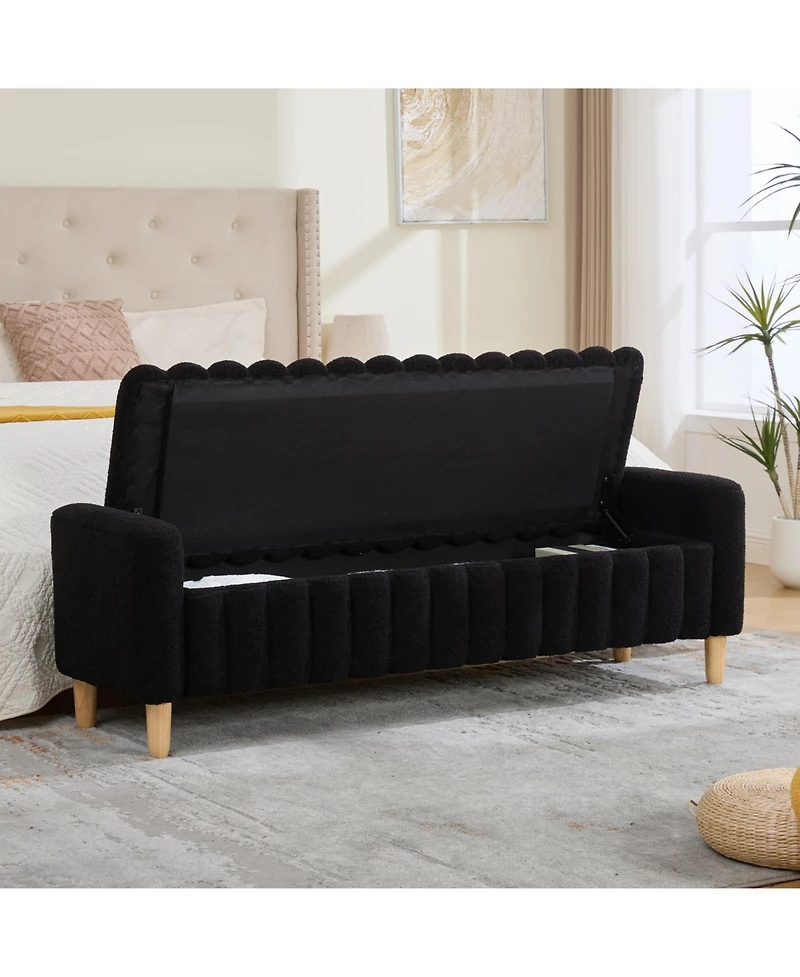 Rainsken 63.4"W Modern Upholstered End of Bed Bench, with Flip-Top Storag, Entryway Benches, Armrests and Solid Wood Legs, for Bedroom
