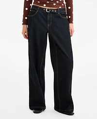 Vanilla Star Juniors' Hero Look Self-Belt Dark-Rinse Wide-Leg Jeans
