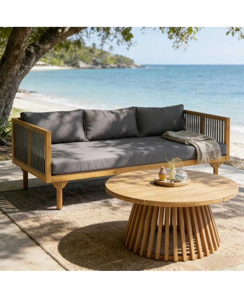 Asagikoiai 2-Piece Outdoor Acacia Wood Sofa Set with Rope Back and Round Coffee Table