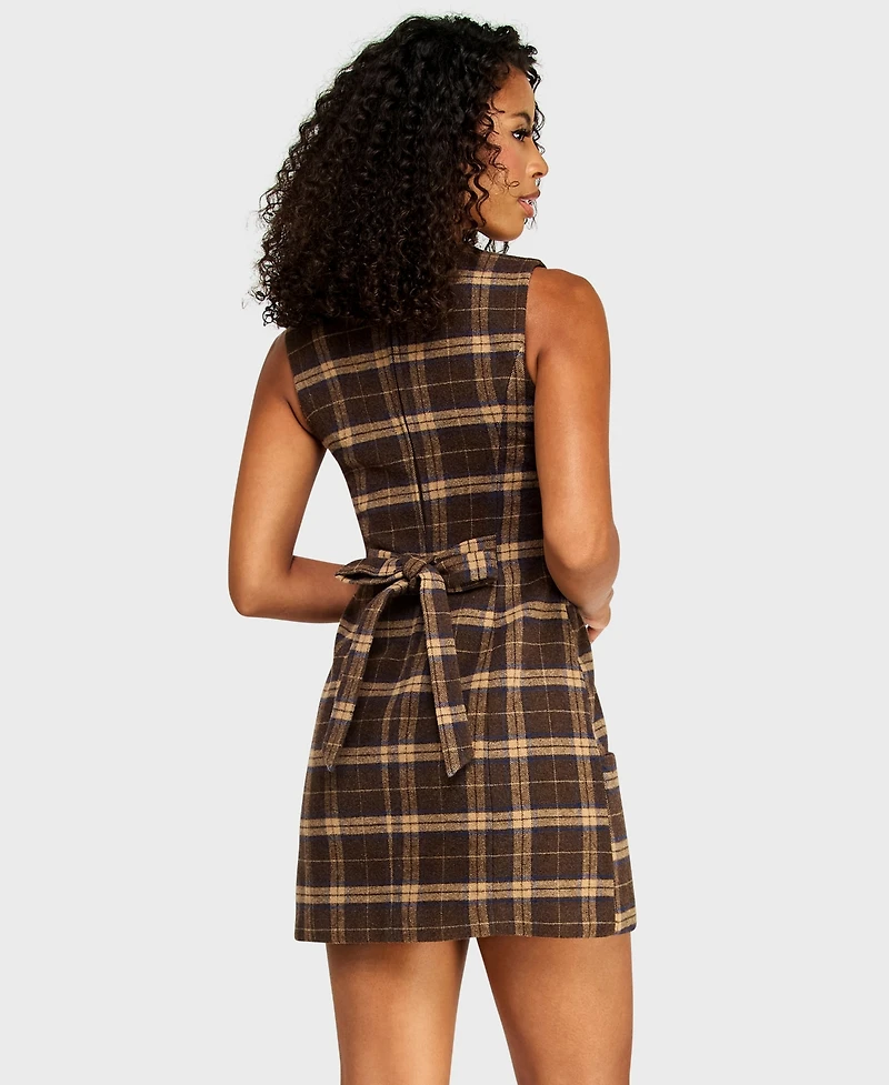 Alex & Sophia Juniors' Plaid Crewneck Tie-Back Mini Dress