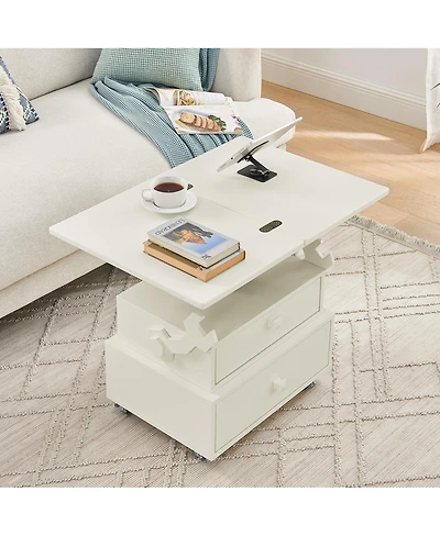 Streamdale High-Gloss Adjustable Rolling End Table with Charging Station and Storage