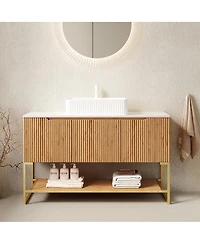 Sillysis 47.6 Inch Bathroom Vanity with Ceramic Basin, Carrara Sintered Stone Countertop, 3 Door Storage Cabinet and Open Shelf