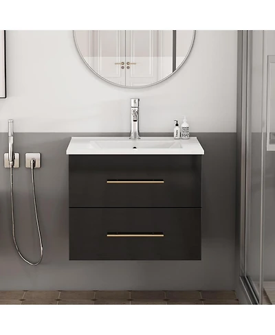 Sillysis Wall Mounted Bathroom Vanity with Ceramic Sink, Double Drawers