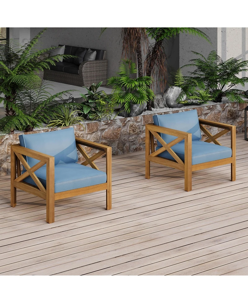Flynama Outdoor 2 Piece Wood Conversation Set Teak Finish Acacia Wood Armchairs Cushions Foldable Side Table