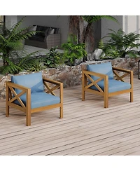 Flynama Outdoor 2 Piece Wood Conversation Set Teak Finish Acacia Wood Armchairs Cushions Foldable Side Table
