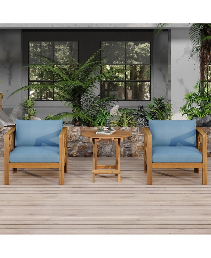 Flynama Outdoor 2 Piece Wood Conversation Set Teak Finish Acacia Wood Armchairs Cushions Foldable Side Table