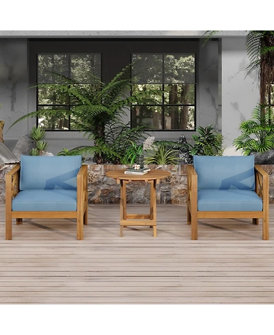 Flynama Outdoor 2 Piece Wood Conversation Set Teak Finish Acacia Wood Armchairs Cushions Foldable Side Table