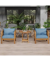 Flynama Outdoor 2 Piece Wood Conversation Set Teak Finish Acacia Wood Armchairs Cushions Foldable Side Table