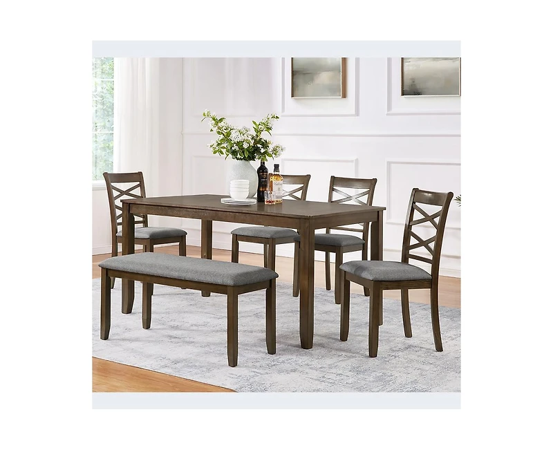 sumyeg Walnut Modern 6-Piece Dining Set with Rectangular Table 4 Chairs and Bench