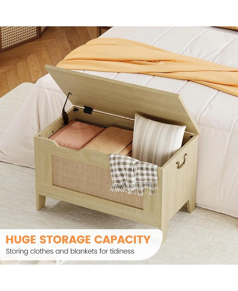 homfan 30" Storage Chest with Safety Hinge, Flip-Top Blanket Storage Bench, Light Oak, for Entryway or Living Room