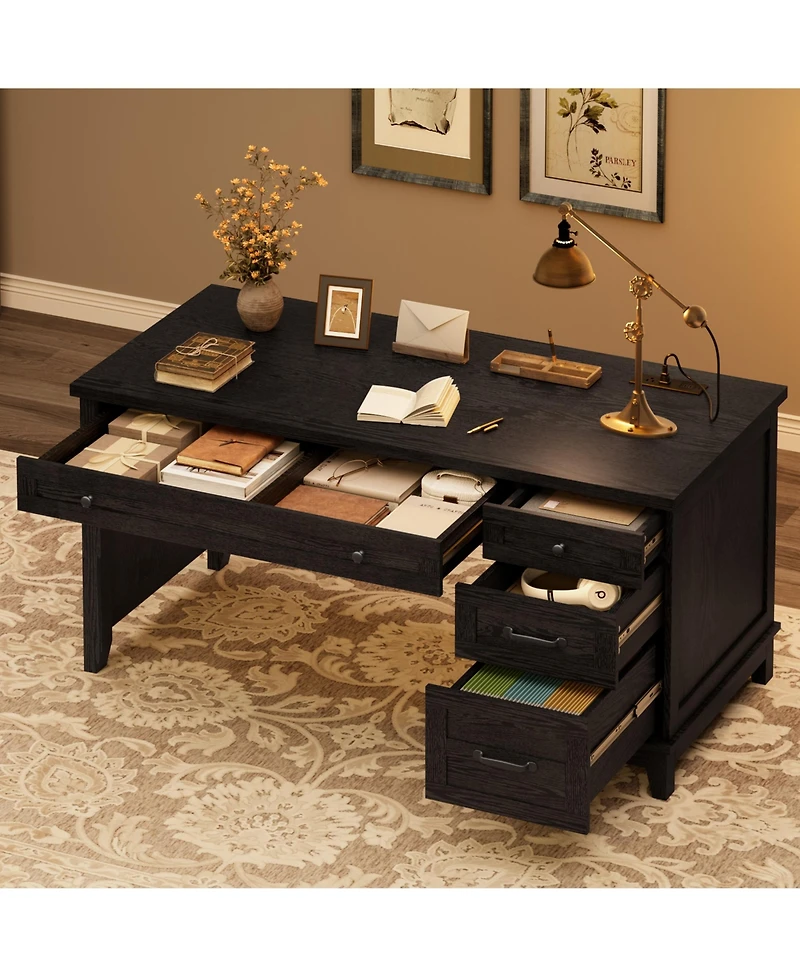 Gaomon Farmhouse Computer Desk with Charging Station, Rustic Black Home Office Executive Desk, Wooden Workstation with File Cabinet Storage Drawers