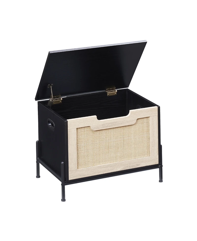 homfan Rattan Storage Bench with Cushion, Rattan Shoe Organizer with Safety Hinges for Entryway or Living Room