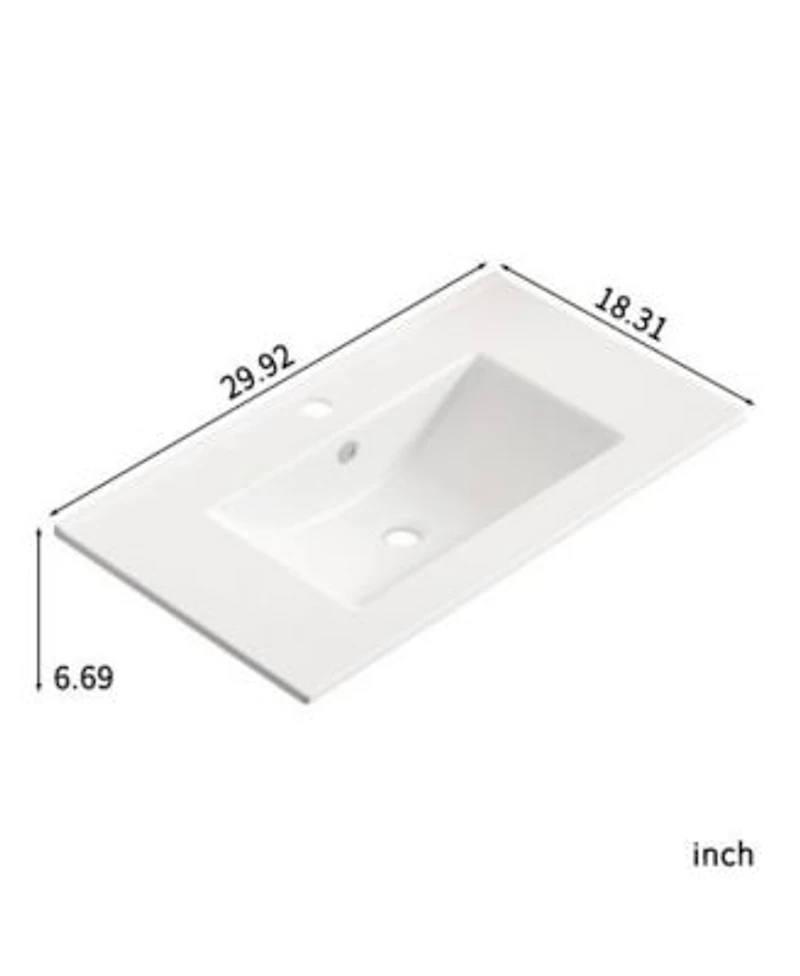 Busdays 30 Inch Glossy Ceramic Bathroom Vessel Vanity Sink Top with Overflow No Drain for Storing Personal Items