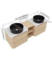 Sillysis Inch Wall Mounted Double Bathroom Vanity with Stone Countertop, Ceramic Vessel Sinks