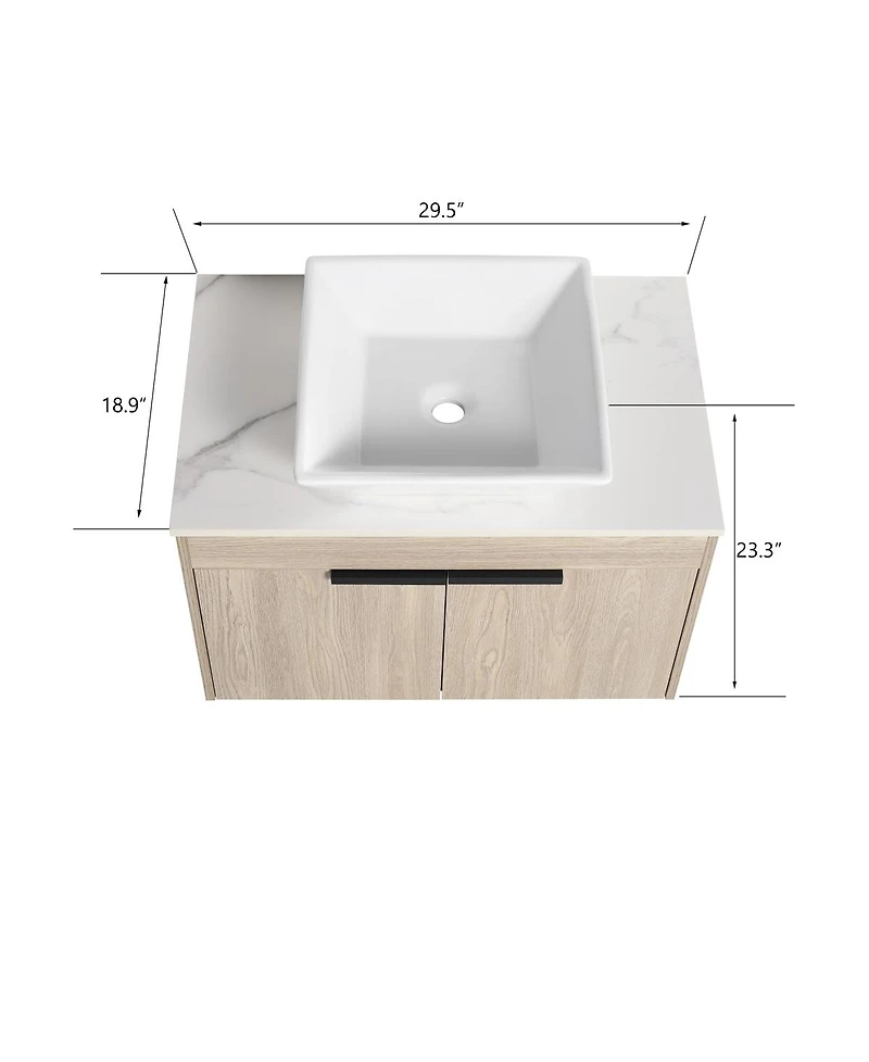 Sillysis Wall Mounted Bathroom Vanity with Ceramic Vessel Sink, Stone Top, Soft Close Doors