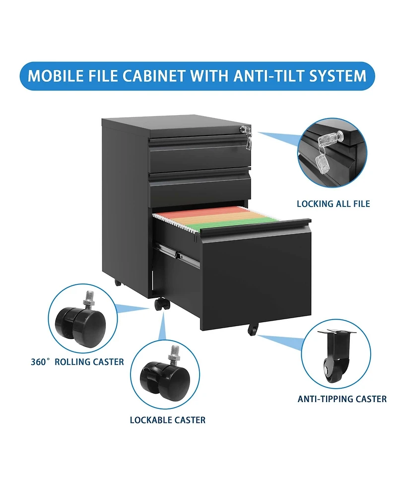 Boyel Living 3 Drawer Mobile File Cabinet with Lock, Metal Filing Cabinets for Home Office Organizer Letters/Legal/A4, Fully Assembled