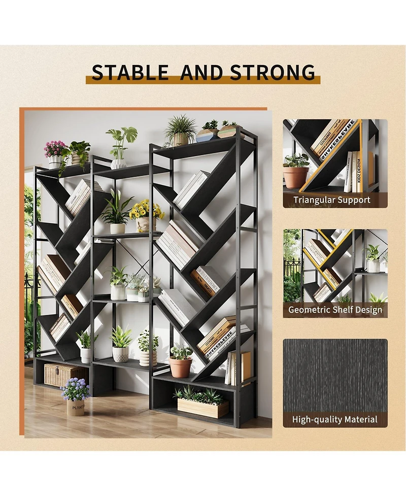 homfan Tree-Shaped 3-Tier Wide Bookshelf, Industrial Steel Frame 20 Open Shelf Storage Rack with Adjustable Feet, Home Office Display Organizer