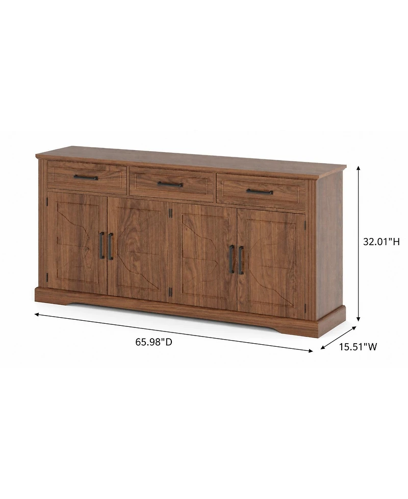 homfan 66" Modern Farmhouse Sideboard Buffet Cabinet with 3 Drawers, 4 Doors and Adjustable Shelves, Coffee Bar Storage Credenza