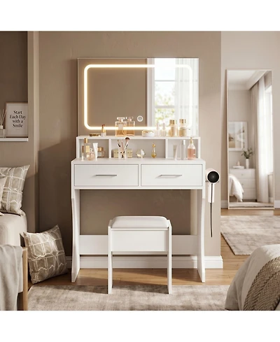 homfan Led Vanity Desk Playset for Girls, 3-Color Lighted Mirror, Charging Station, Drawers, Open Shelves, Cushioned Stool, Pretend Dressing Table