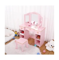 homfan Vanity Table and Chair Set with Tri-Fold Mirror – Wooden Princess Makeup Desk with 3 Drawers and Open Storage Shelves – Room Organization