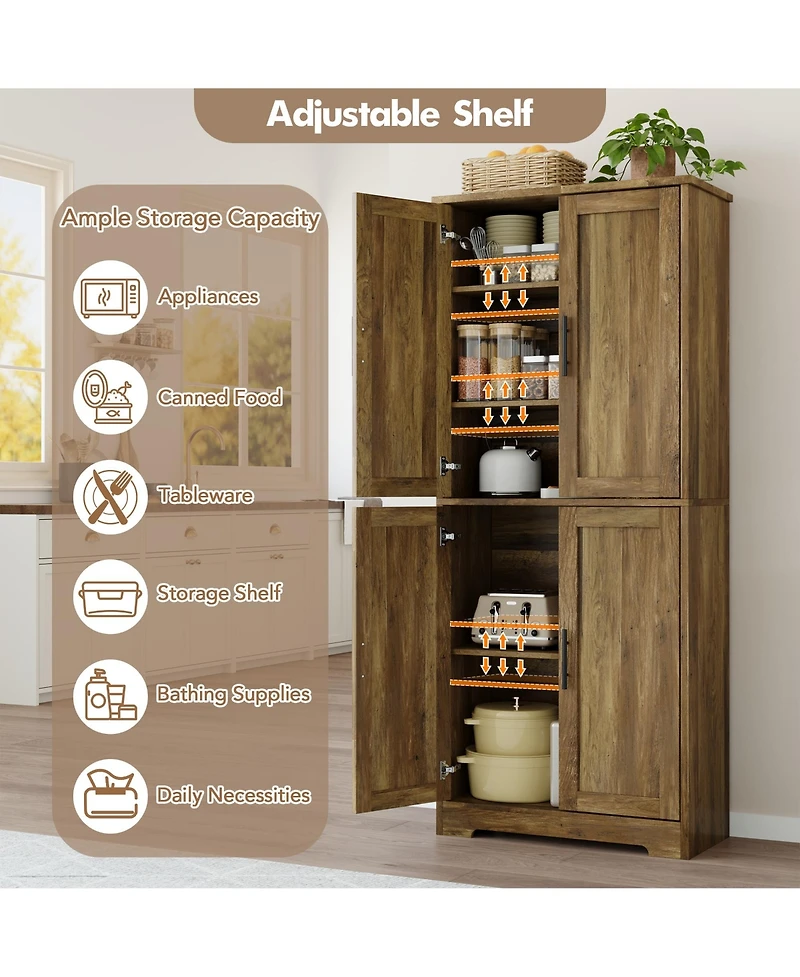 homfan Farmhouse Kitchen Pantry Cabinet, Tall Storage Cupboard with 4 Barn Doors, Adjustable Shelves for Kitchen, Dining Room, Living Room
