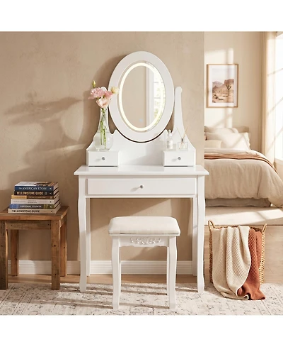 homfan Modern Vanity Desk with Led Lighted Oval Mirror, 3 Lighting Modes, Cushioned Stool, 3 Storage Drawers, Dressing Table Set for Bedroom