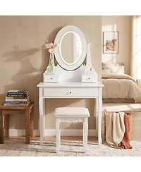 homfan Modern Vanity Desk with Led Lighted Oval Mirror, 3 Lighting Modes, Cushioned Stool, 3 Storage Drawers, Dressing Table Set for Bedroom