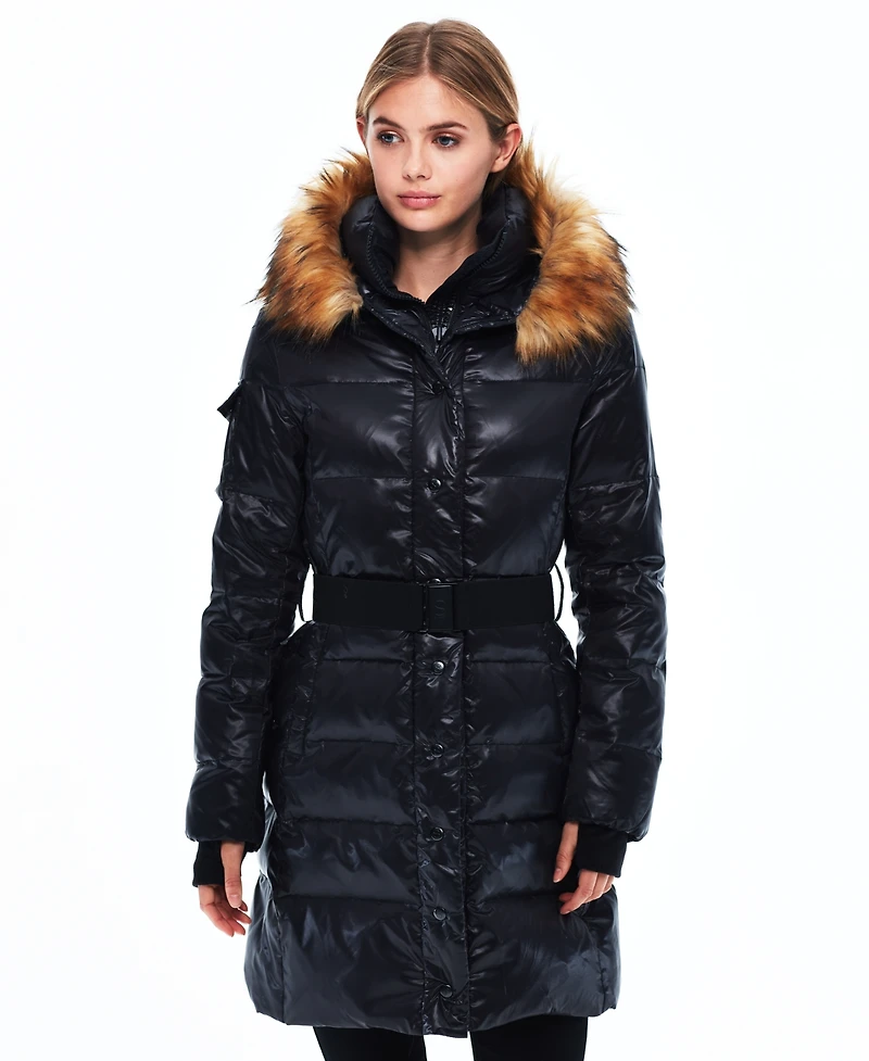 S13 Women's Faux-Fur Hooded Belted Shine Puffer Coat
