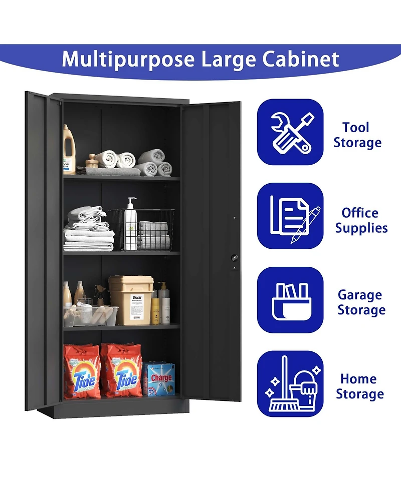 Boyel Living 71"H Metal Garage Storage Cabinet, Black Tool Steel Locking Cabinet with Doors and 3 Shelves