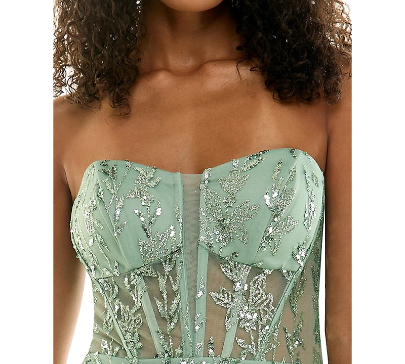 Seni & Cade Juniors' Glitter Strapless Bustier Corset Fit Flare Mini Dress