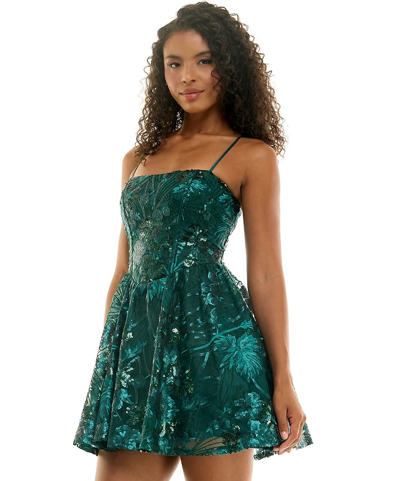 Seni & Cade Juniors' Embroidered Sequin Fit Flare Mini Dress