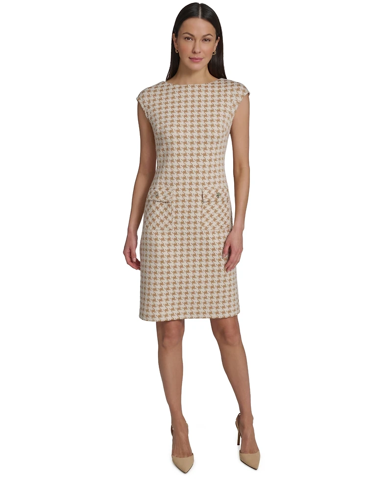 Tommy Hilfiger Women's Cap Sleeve Pixelated Houndstooth Pocket Sheath Dress