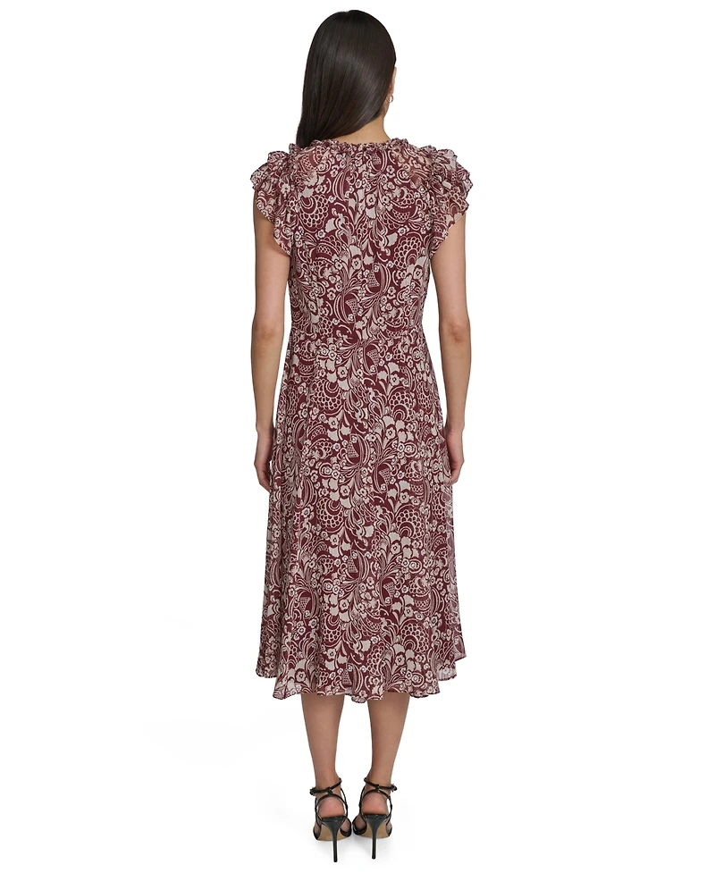Tommy Hilfiger Women's Flutter-Sleeve Tie Neck Chiffon Midi Dress